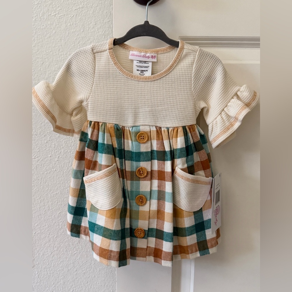 NWT Bonnie Baby Cream and Plaid Button Dress (3-6 months)